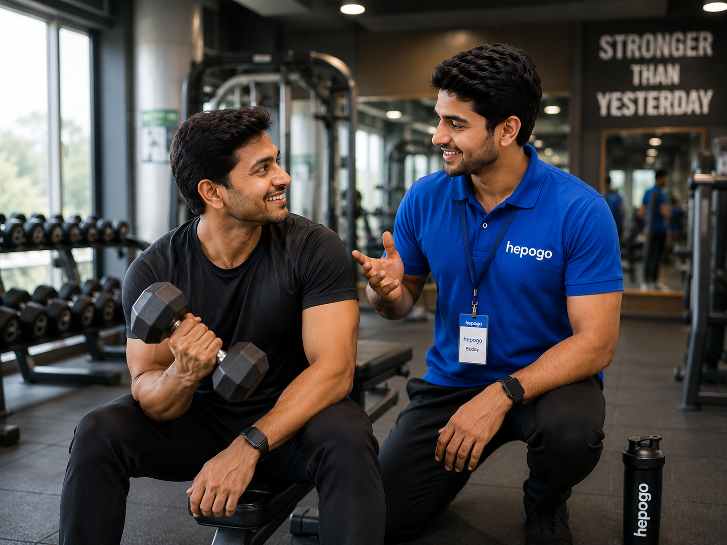 A companion assisting with a workout at the gym